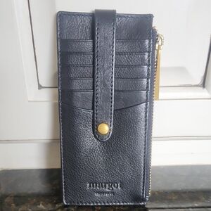 margot Black Leather Card Wallet with Gold Zip Pull